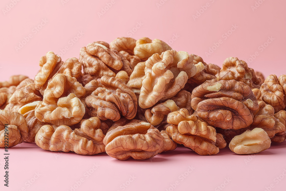 Wall mural A handful of walnuts, beneficial for liver health due to omega-3 fatty acids, set against a pastel coral background,