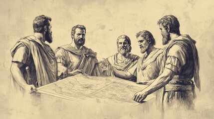 Fototapeta premium Biblical Illustration: David, standing over a map with his commanders, planning the next move after a decisive victory against the Syrians, set against a beige background for Bible wall art.