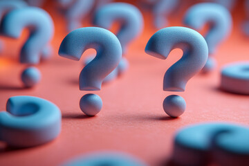 A sea of light grey question marks, with one highlighted in glowing blue, isolated on a pastel coral background,