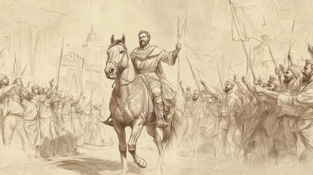 Biblical Illustration: David, riding a majestic horse, leads a procession back to Jerusalem, with crowds cheering and waving palm branches, set against a beige background for Bible wall art.