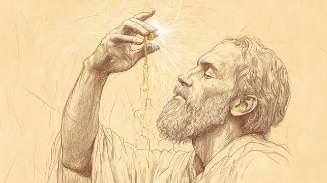 Biblical Illustration: Moment of David's anointing with oil poured over his head by the prophet, with divine light shining down upon him, set against a beige background for Bible wall art.