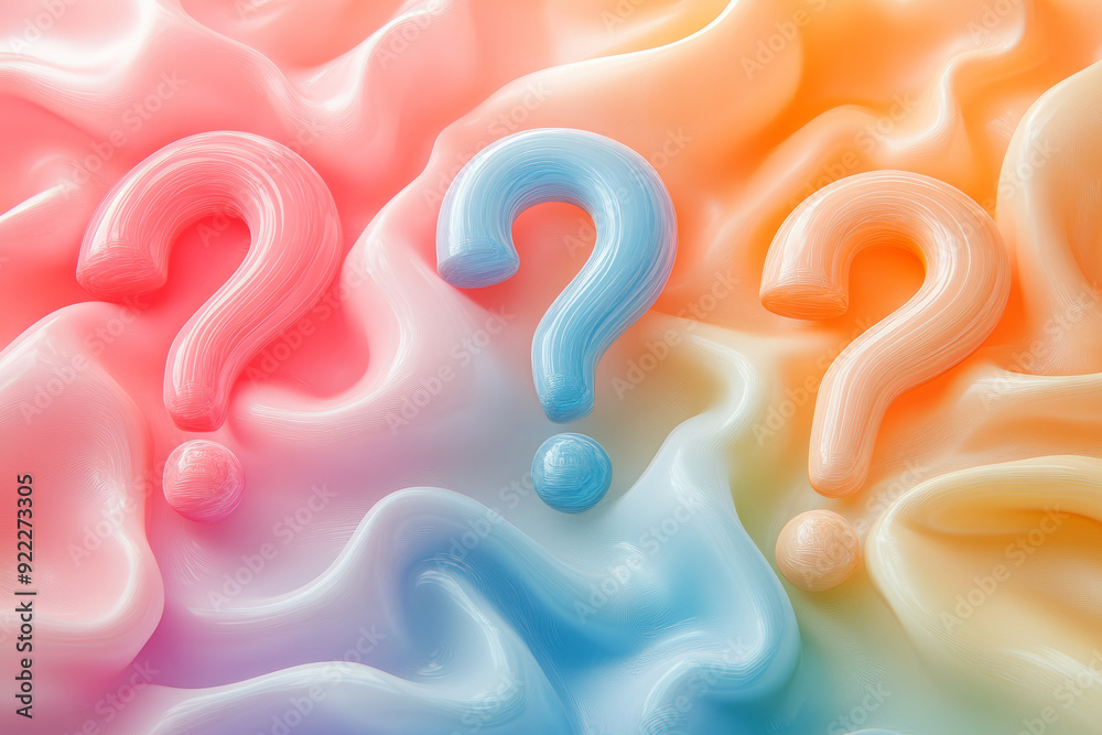 Poster A swirl of question marks in soft tones, with one question mark in a radiant rainbow gradient, set against a pastel mint background,
