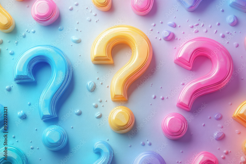 Poster a swirl of question marks in soft tones, with one question mark in a radiant rainbow gradient, set a