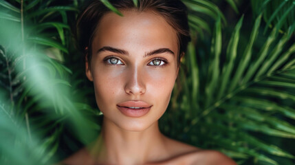 Naklejka premium Young woman with natural beauty, perfect skin, posing in front of a tropical plant backdrop with green leaves and ferns