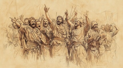 Biblical Illustration of David Counts the Fighting Men: The People of Israel Rejoicing and Giving Thanks as the Plague is Lifted, Peace Restored, 2 Samuel Scene, Bible Wall Art on Beige Background