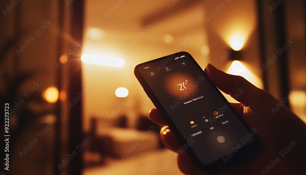 Leinwandbilder close-up of hand controlling a smart thermostat via mobile app in a dimly lit room