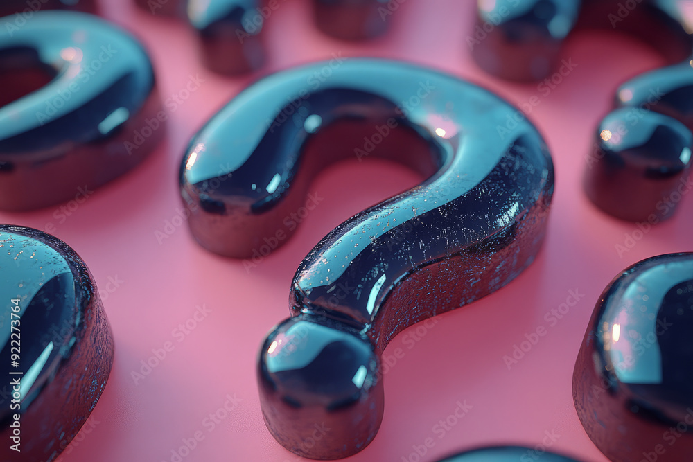 Poster a random mix of black question marks, with one outlined in glowing silver, isolated on a pastel cora