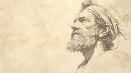 Biblical Illustration: King David receiving the final count of the fighting men, a look of contemplation on his face, set against a beige background for Bible wall art.