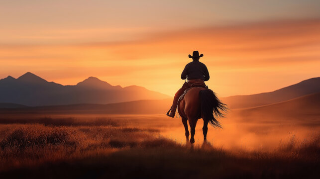 A cowboy on horseback riding across an open plain at sunset with mountains in the background.