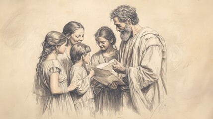Fototapeta premium Biblical Illustration: David, surrounded by his family, speaks of God's promise, creating an atmosphere of hope and divine assurance, set against a beige background for Bible wall art.