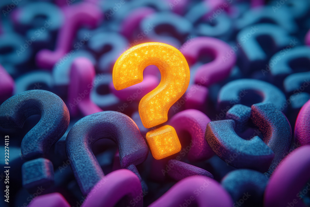 Poster a cluster of dull grey question marks, with one question mark glowing in bright yellow, set against 
