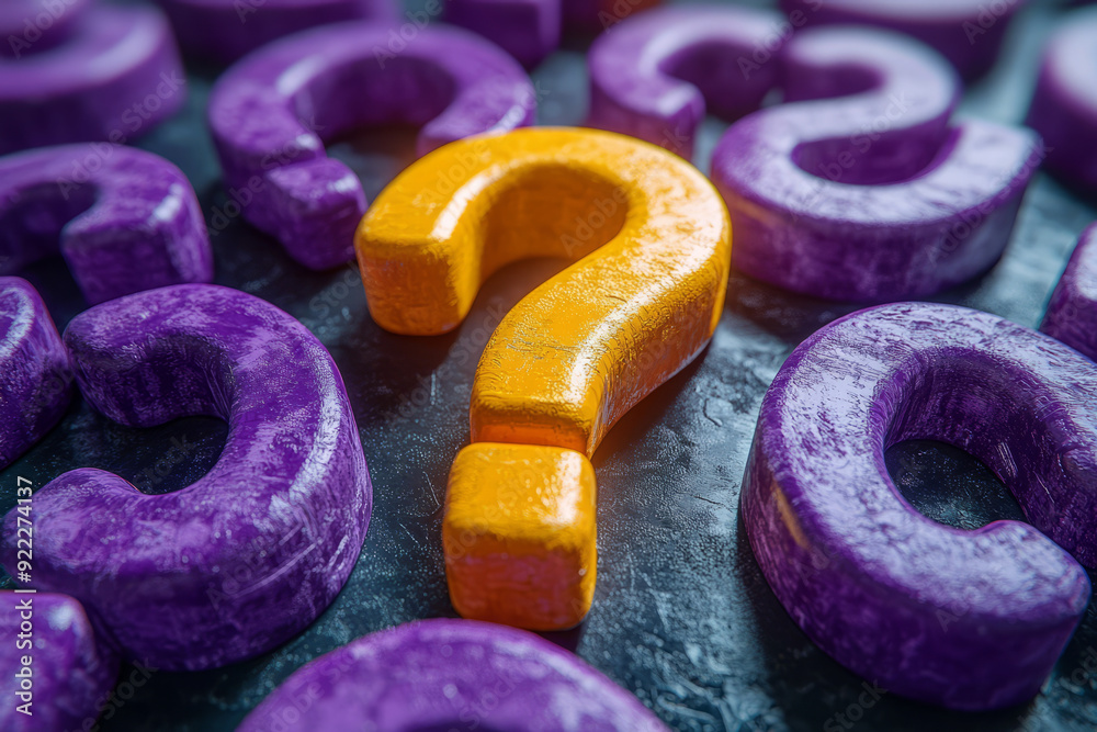 Poster a cluster of dull grey question marks, with one question mark glowing in bright yellow, set against 