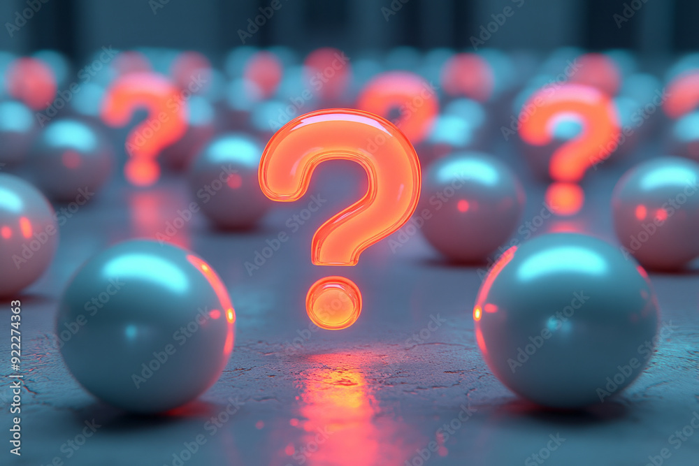 Poster A field of light grey question marks, with one question mark shining in metallic red, set against a pastel turquoise background,