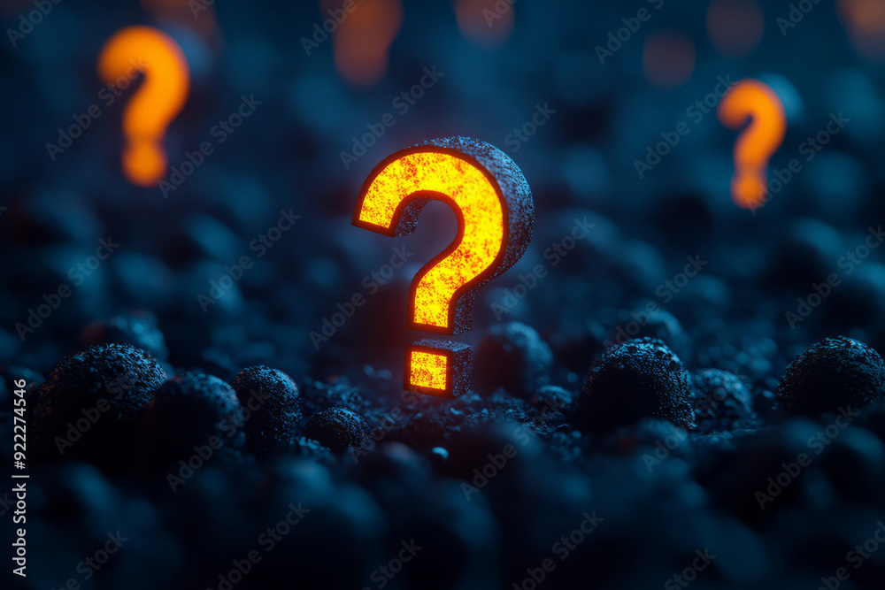 Poster a wave of shadowed question marks, with one highlighted in glowing orange, isolated on a pastel blue