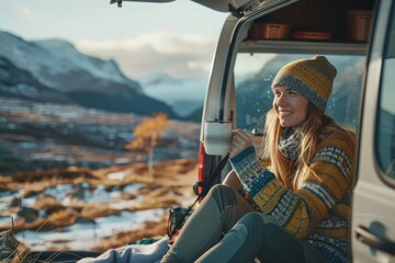 Naklejka premium Van life: Woman greeting sunrise from camper van trunk, sipping hot tea or coffee, bundled in warm sweater with snowy mountains in the background.