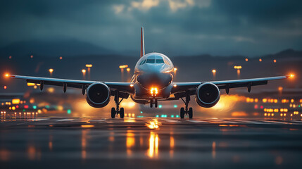 A commercial airplane taking off on a runway during twilight with runway lights and blurred background city lights.