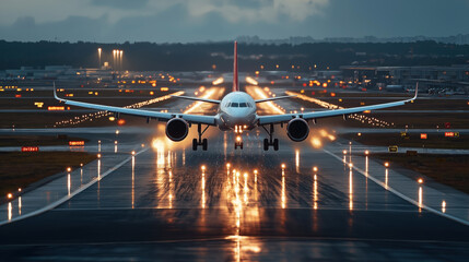 Airplane preparing for takeoff on a wet runway at night with illuminated runway lights and airport buildings in the background.