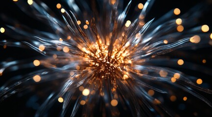 An abstract visual display showcasing vibrant bursts of light and energy flow set against a dark, contrasting backdrop