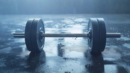 A dumbbell on a wet floor with water droplets, AI