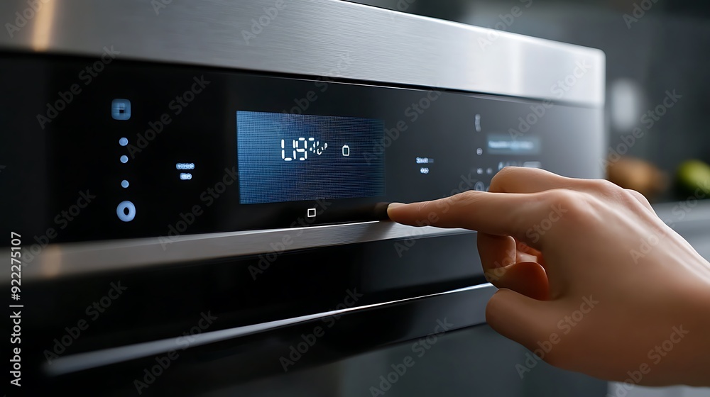 Leinwandbilder close-up of hand pressing a button on a smart microwave with digital display