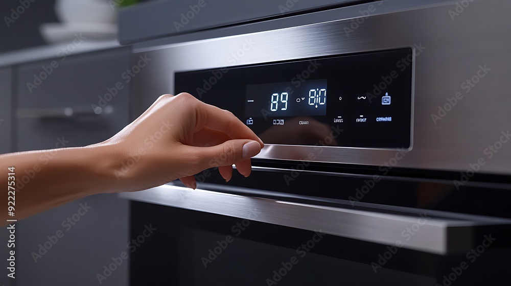 Leinwandbilder Close-Up of Hand Pressing a Button on a Smart Microwave with Digital Display
