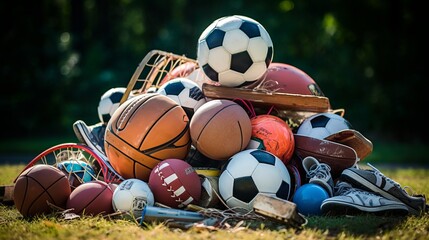 Mixed sports equipment piled in disarray: various items including soccer balls, basketballs, tennis rackets, and baseball bats scattered on floor, creating a chaotic scene of athletic gear after inten