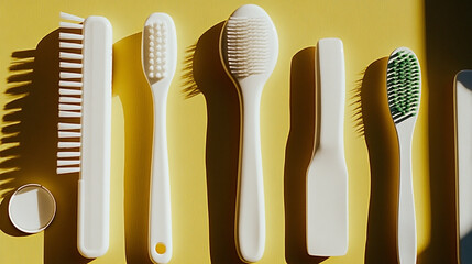 Various white brushes and grooming tools neatly arranged on a yellow surface with shadows cast in sunlight