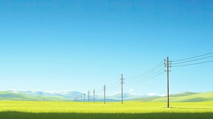 Scenic landscape with electric poles stretching across a green meadow under a clear blue sky