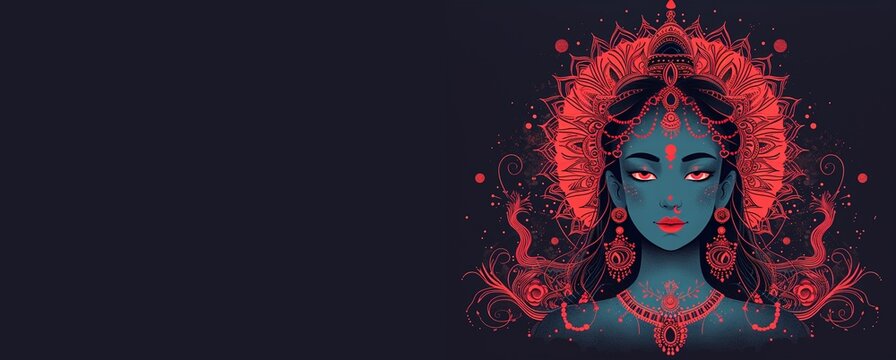  Indian Goddess Kali Maa portrait line art illustration. Festival  Kali puja,  Shyama Puja,  Durga Puja Subh Navratri. Holiday banner, copy space.