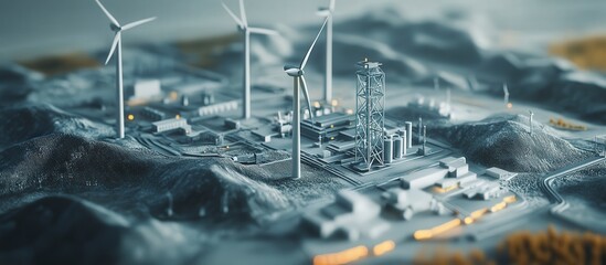 A miniature industrial site featuring wind turbines and energy infrastructure.