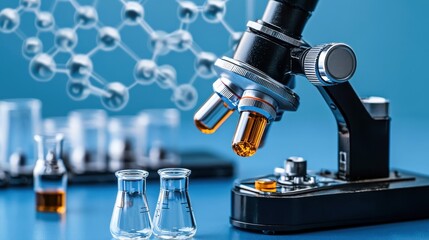 Close-up of a microscope analyzing liquid samples with molecular structures in the background, illustrating scientific research.