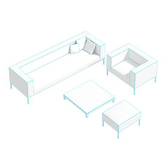 3D wireframe blueprint of a modern living room furniture set, featuring a sofa, armchairs, ottoman, and coffee table with a minimalist design. 3d rendering