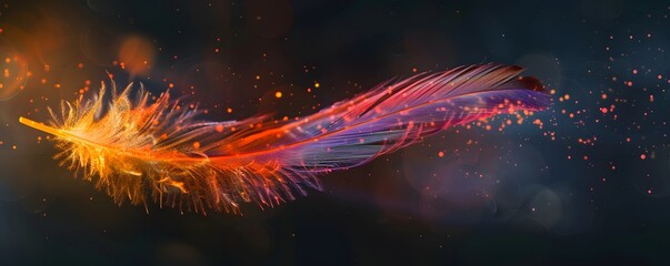 A Single Feather Suspended in a Field of Orange and Red Sparkles