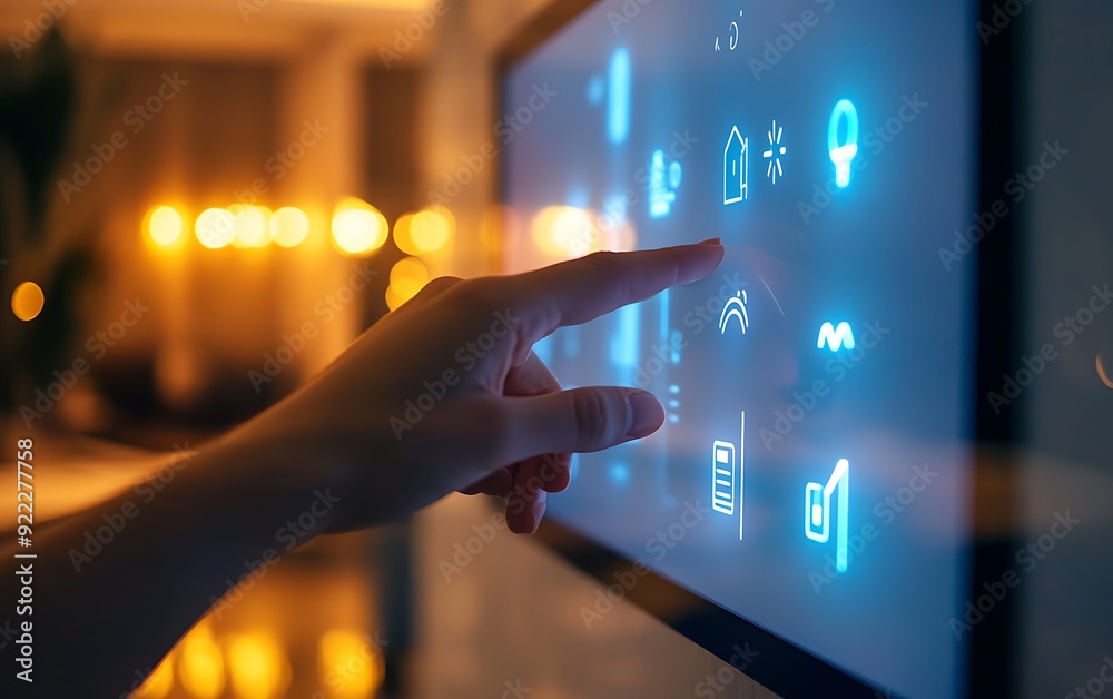 Aufkleber close-up of hand interacting with a wall-mounted smart panel to control lighting and temperature