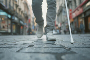 Blind person with a white cane walks along the sidewalk of a city street, focus on a white cane and legs, low-angle view