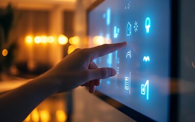 Close-Up of Hand Interacting with a Wall-Mounted Smart Panel to Control Lighting and Temperature