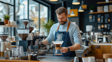 Fototapeta premium Barista in a coffee shop carefully brewing coffee using a pour-over method. The cafe is modern with a cozy atmosphere, equipped with coffee grinders and brewing equipment.