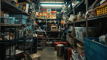A small, narrow store room with metal shelves and plastic containers filled with hardware items.