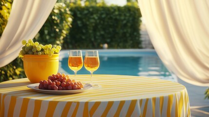 Summer afternoon relaxation with fruit and drinks by the poolside