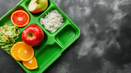 Healthy school lunch tray featuring an apple, orange slices, and rice arranged on a green tray against a dark gray background. The clean and simple composition offers ample copy space for text or bran