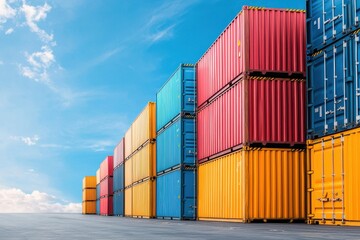 Fototapeta premium A row of shipping containers stacked on top of each other background with clear blue sky