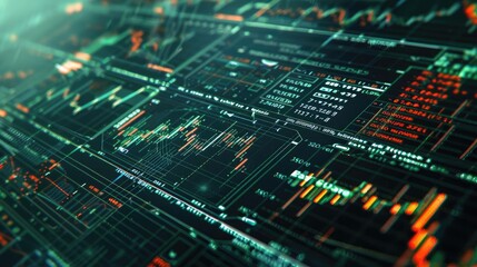 Obraz premium Abstract digital financial graph with glowing lines and data indicators, representing stock market trends and analytics.