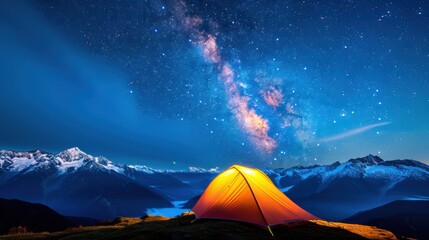 Serene Mountain Peak Camping with Snow-Capped Views under Milky Way