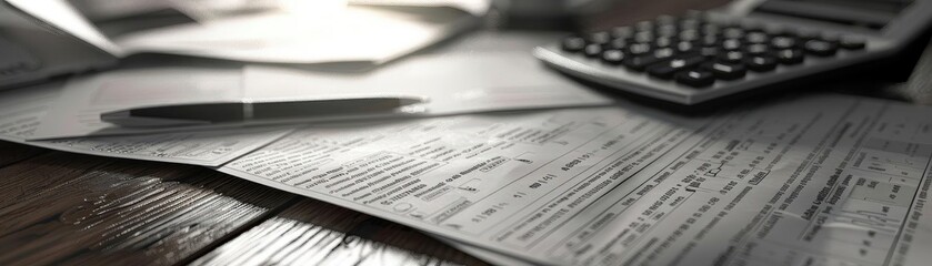 Close-up of paperwork and a calculator on a wooden desk, illustrating financial preparation and documentation processes.