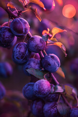Purple plums close up hanging on tree at sunset generated.AI