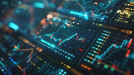 A vibrant digital display of financial charts and graphs showcasing market data and trends in a sleek, modern design.