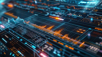 Futuristic interface displaying data visualization with colorful graphs and metrics representing technology and analytics.