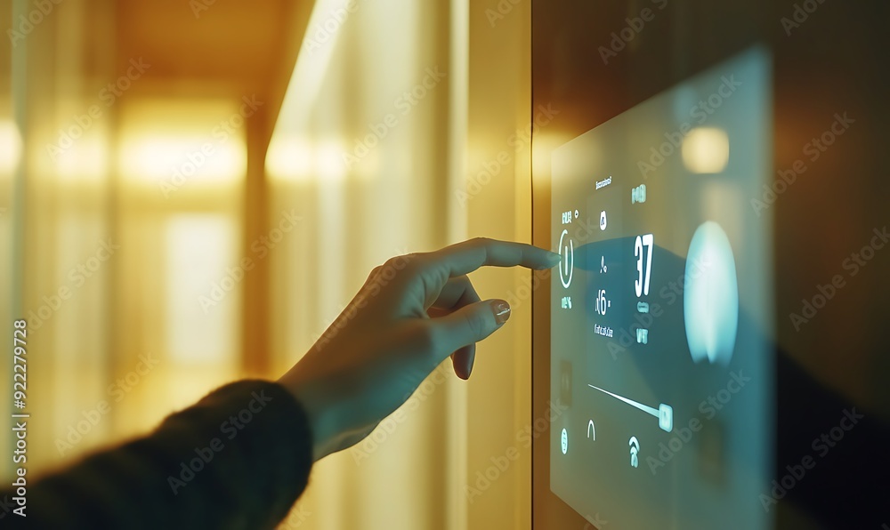 Aufkleber close-up of hand setting room temperature via smart thermostat
