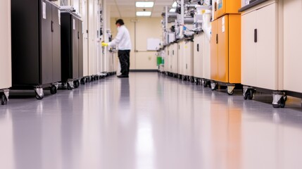 A scientist works in a modern laboratory, showcasing clean floors and organized equipment, emphasizing a productive research environment.