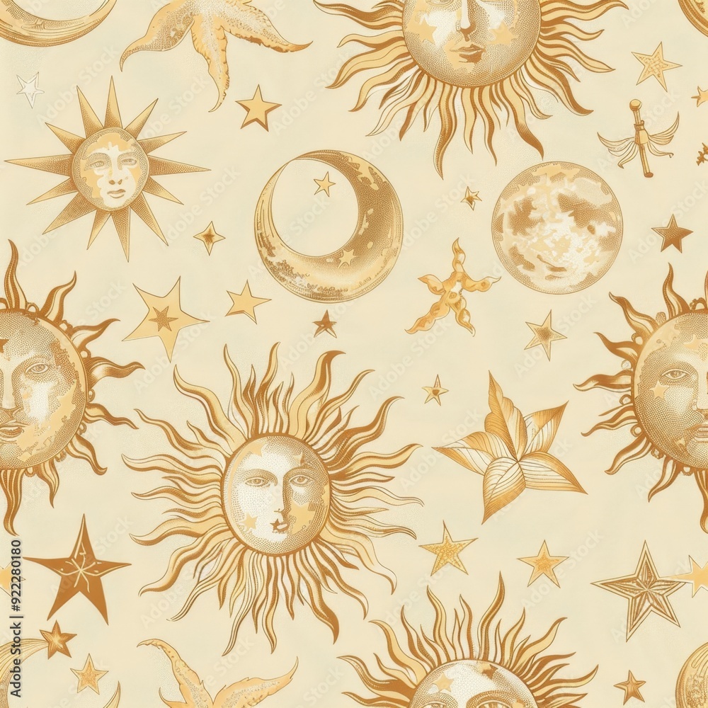 Wall mural retro celestial design with suns, moons, and stars in gold against a cream background, creating a vi